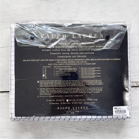 Ralph Lauren Tattersall Windowpane Check KING Fitted Sheet ITALY Black Navy NEW - Picture 4 of 8